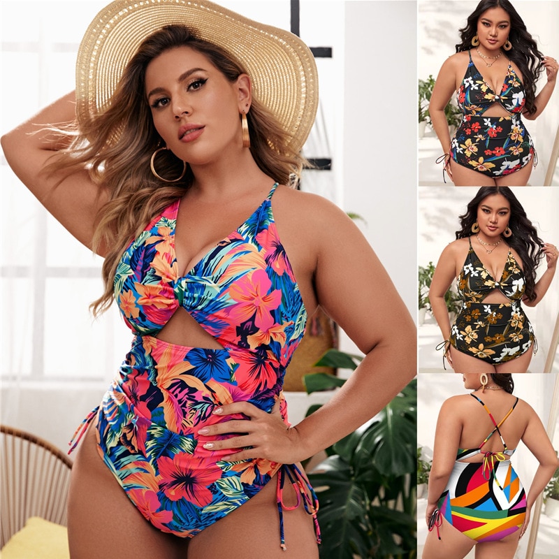 Bathing Suit New European and American One-piece Oversized Bikini Print Gathered Hollow Tight Swimsuit for Women Bik